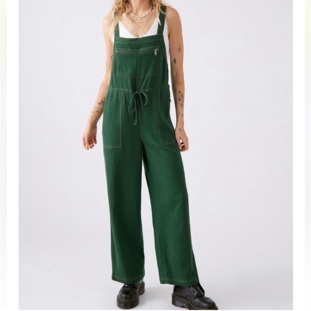 Urban Outfitters Tina Cotton Textured Jumpsuit Wide Leg Dark Green Size XS